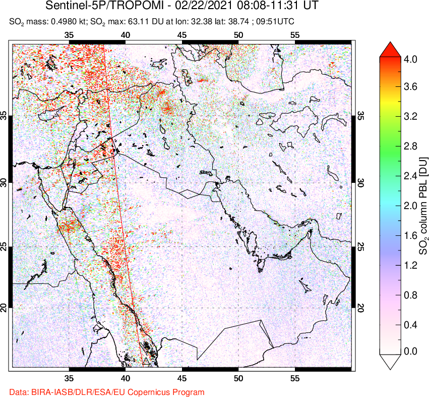 A sulfur dioxide image over Middle East on Feb 22, 2021.