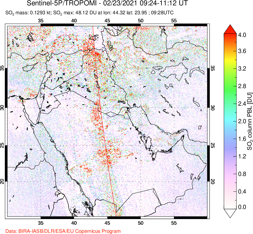 A sulfur dioxide image over Middle East on Feb 23, 2021.