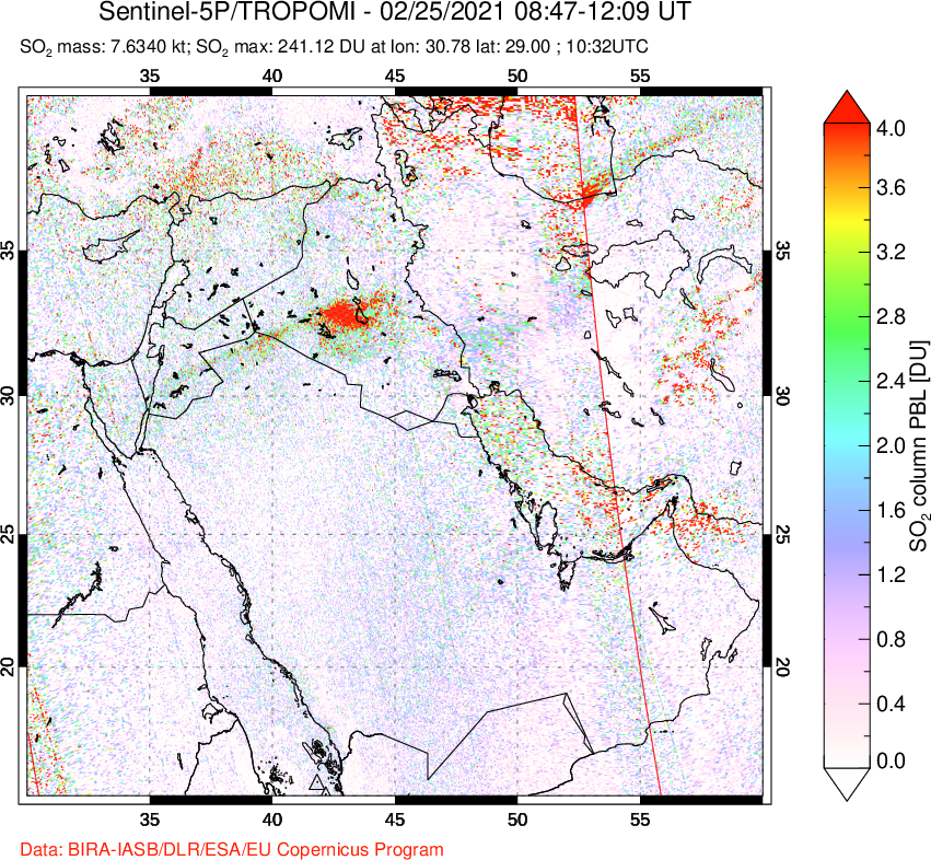 A sulfur dioxide image over Middle East on Feb 25, 2021.