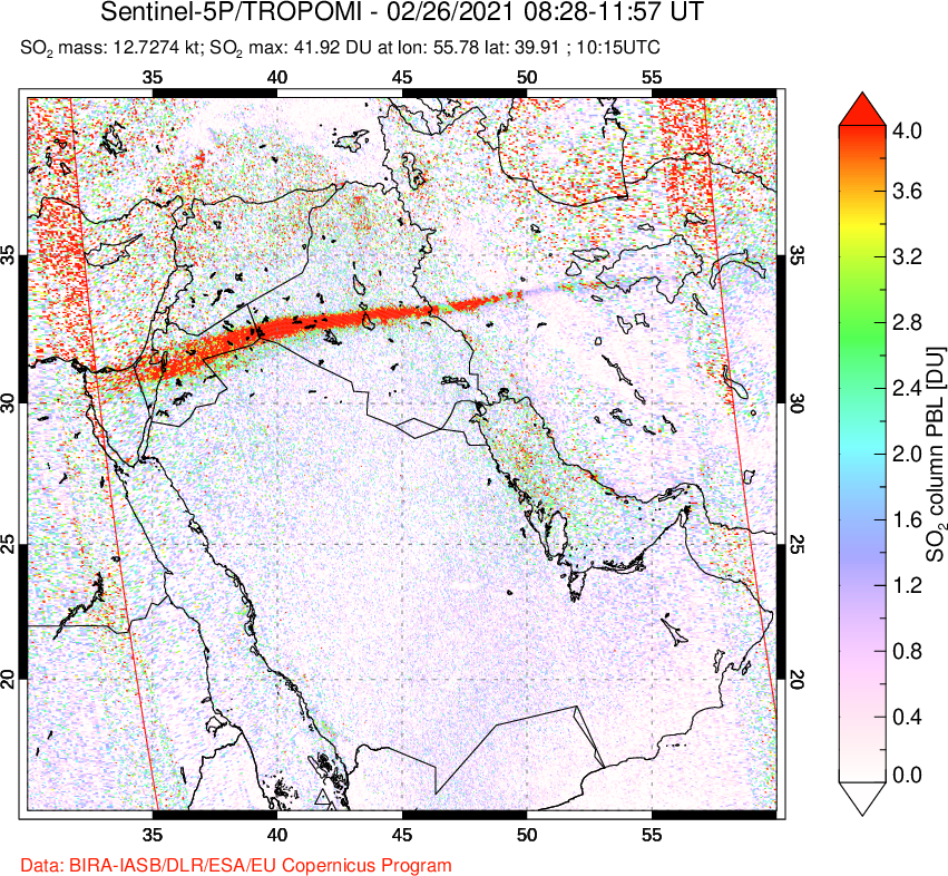 A sulfur dioxide image over Middle East on Feb 26, 2021.