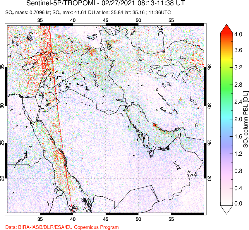A sulfur dioxide image over Middle East on Feb 27, 2021.