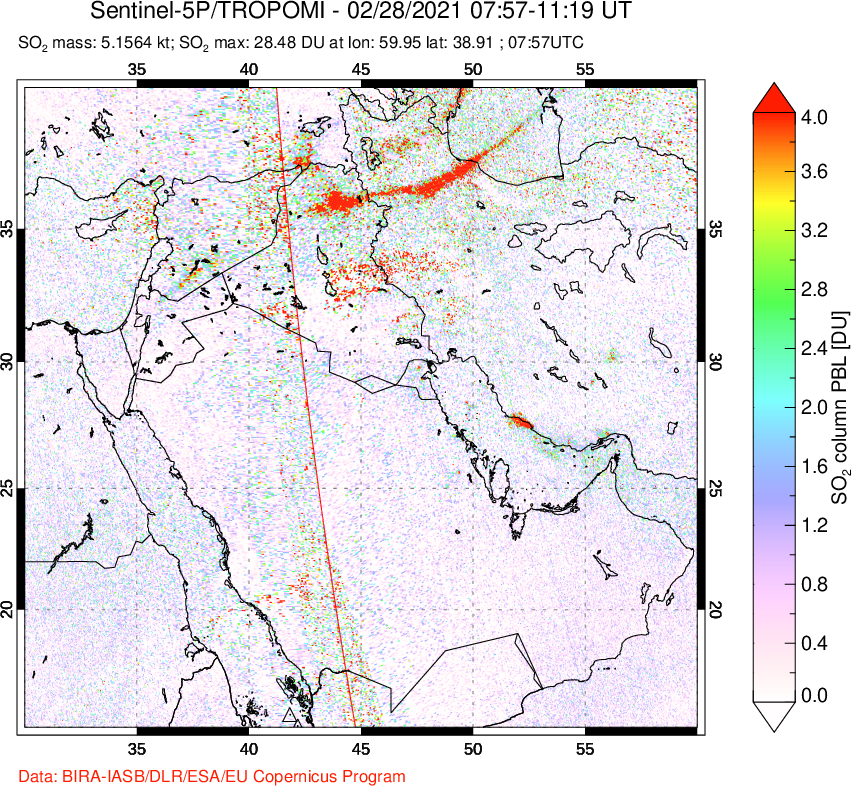 A sulfur dioxide image over Middle East on Feb 28, 2021.