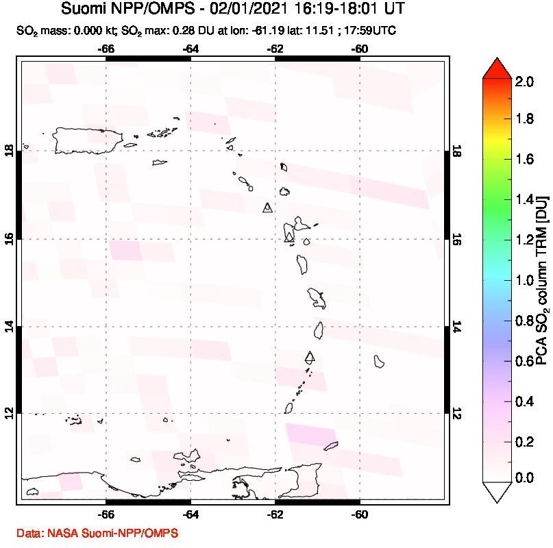A sulfur dioxide image over Montserrat, West Indies on Feb 01, 2021.