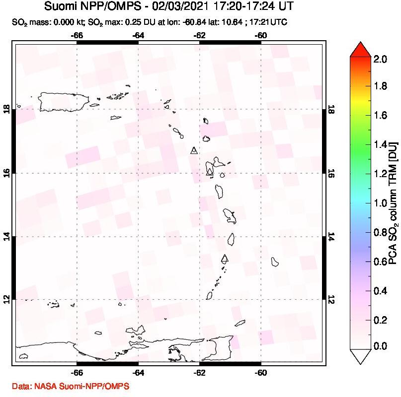 A sulfur dioxide image over Montserrat, West Indies on Feb 03, 2021.