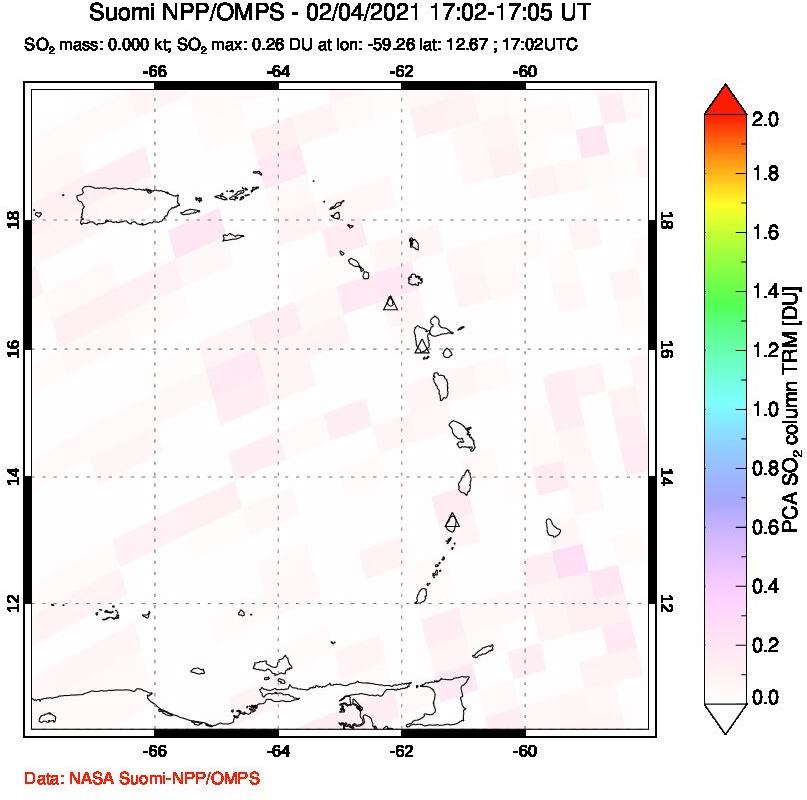 A sulfur dioxide image over Montserrat, West Indies on Feb 04, 2021.