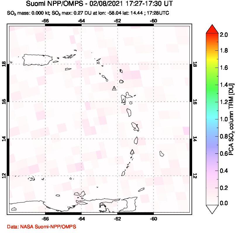 A sulfur dioxide image over Montserrat, West Indies on Feb 08, 2021.