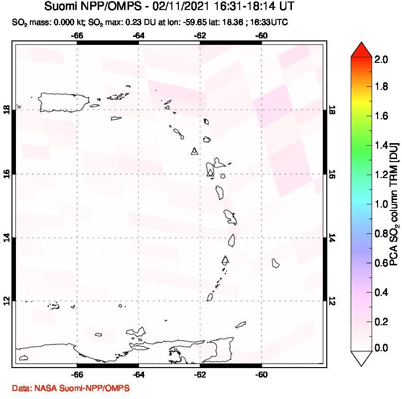 A sulfur dioxide image over Montserrat, West Indies on Feb 11, 2021.