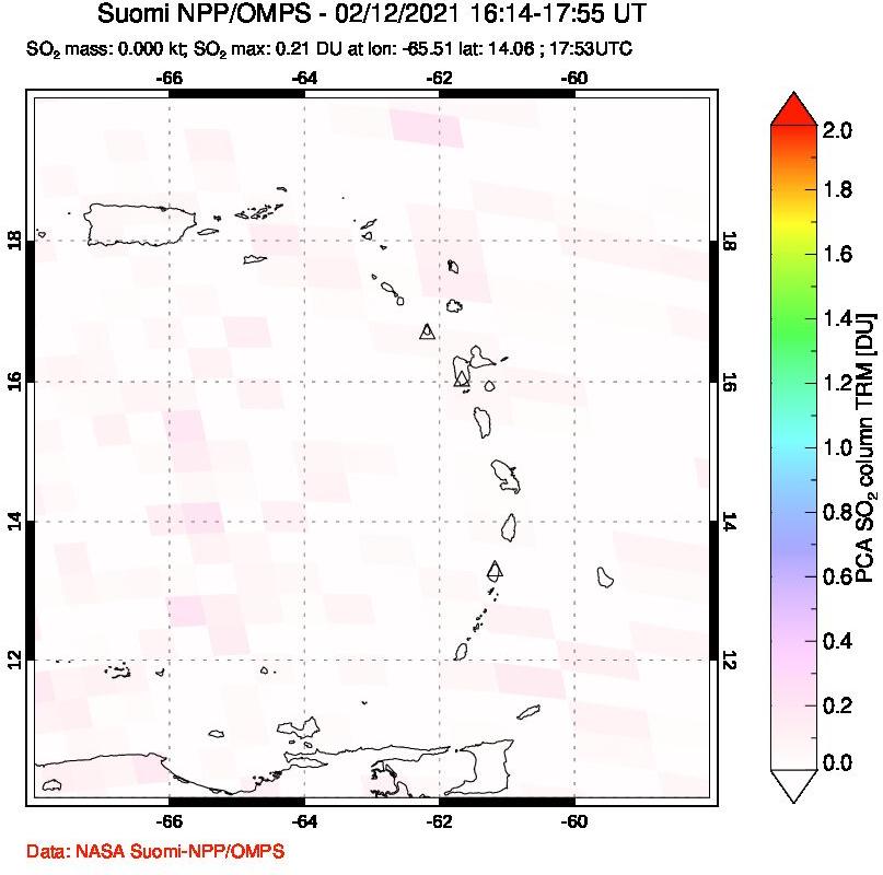 A sulfur dioxide image over Montserrat, West Indies on Feb 12, 2021.