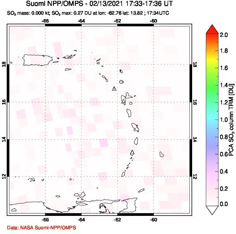 A sulfur dioxide image over Montserrat, West Indies on Feb 13, 2021.