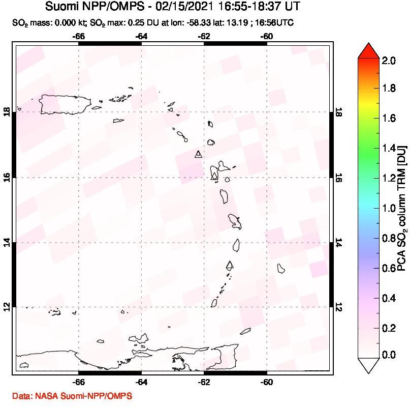 A sulfur dioxide image over Montserrat, West Indies on Feb 15, 2021.