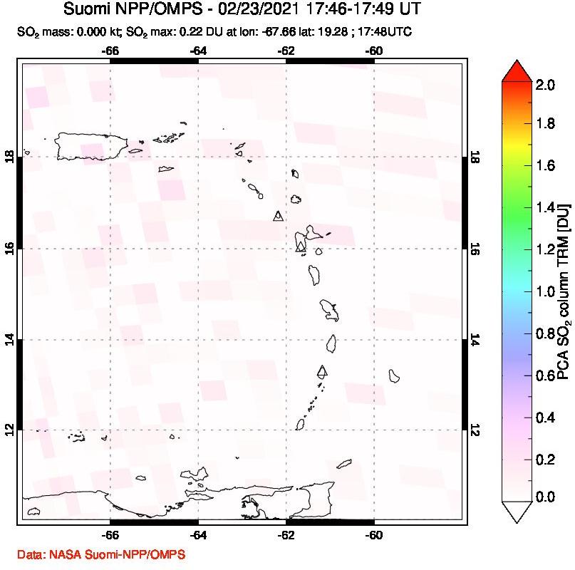 A sulfur dioxide image over Montserrat, West Indies on Feb 23, 2021.