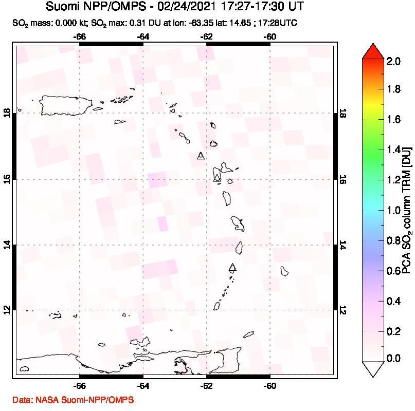 A sulfur dioxide image over Montserrat, West Indies on Feb 24, 2021.