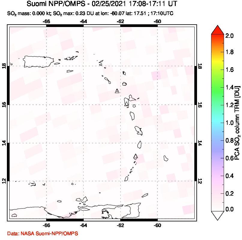 A sulfur dioxide image over Montserrat, West Indies on Feb 25, 2021.