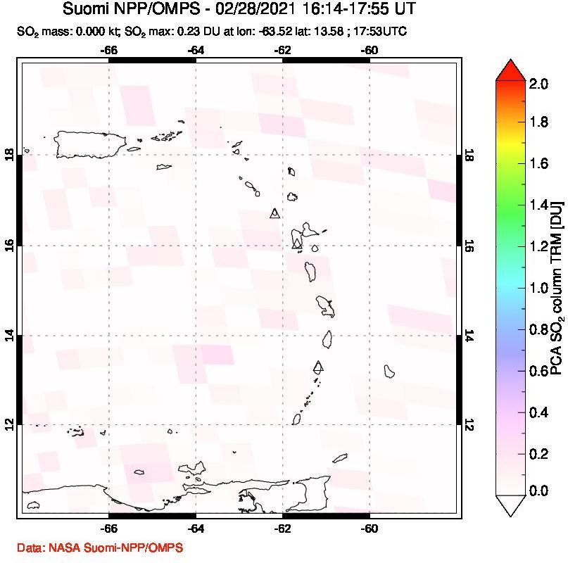 A sulfur dioxide image over Montserrat, West Indies on Feb 28, 2021.