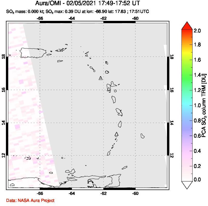 A sulfur dioxide image over Montserrat, West Indies on Feb 05, 2021.