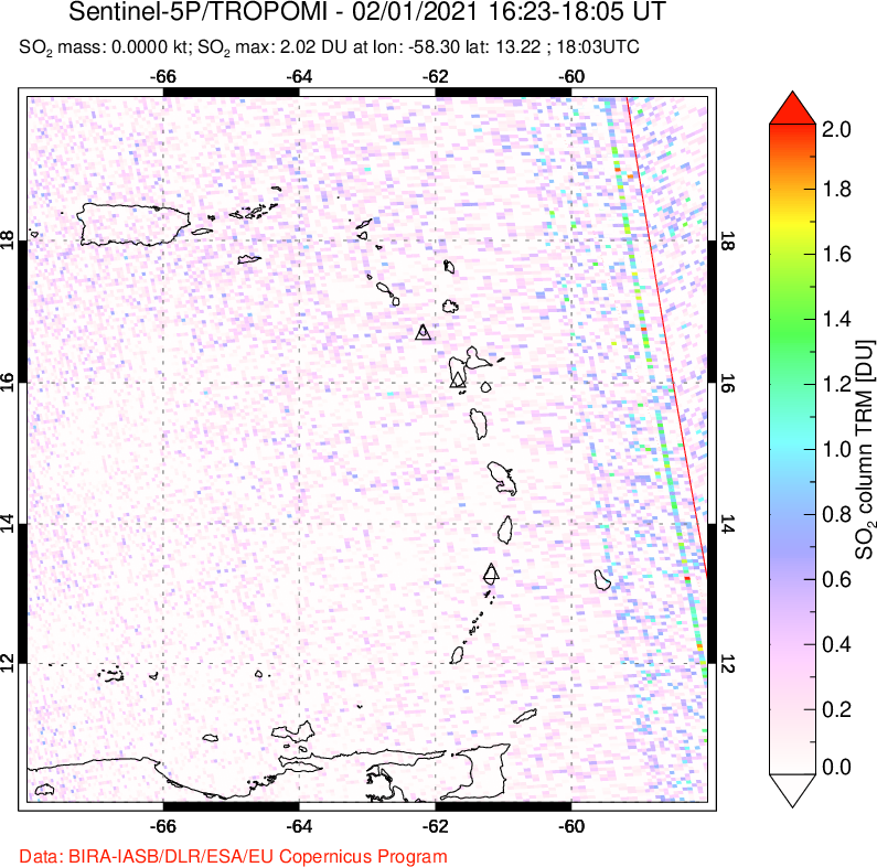 A sulfur dioxide image over Montserrat, West Indies on Feb 01, 2021.
