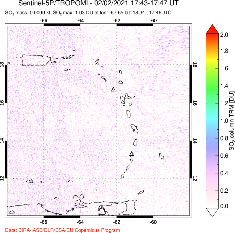 A sulfur dioxide image over Montserrat, West Indies on Feb 02, 2021.