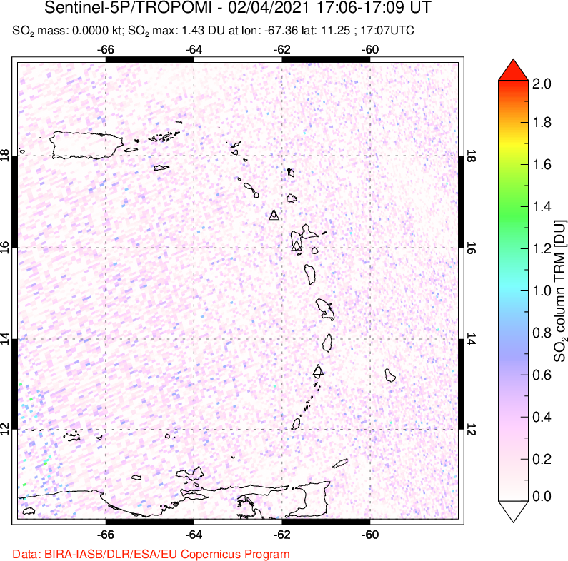 A sulfur dioxide image over Montserrat, West Indies on Feb 04, 2021.