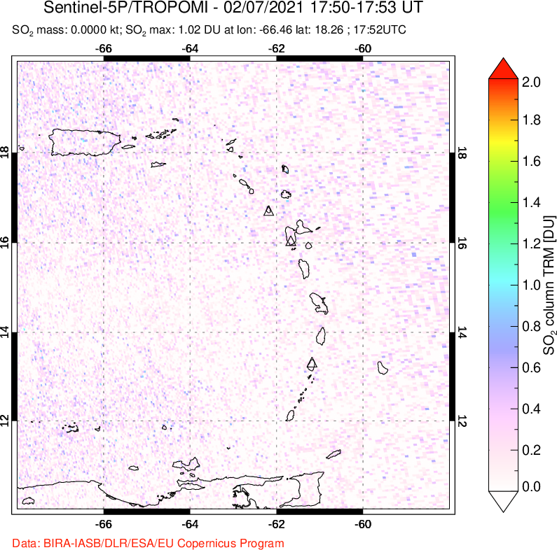 A sulfur dioxide image over Montserrat, West Indies on Feb 07, 2021.
