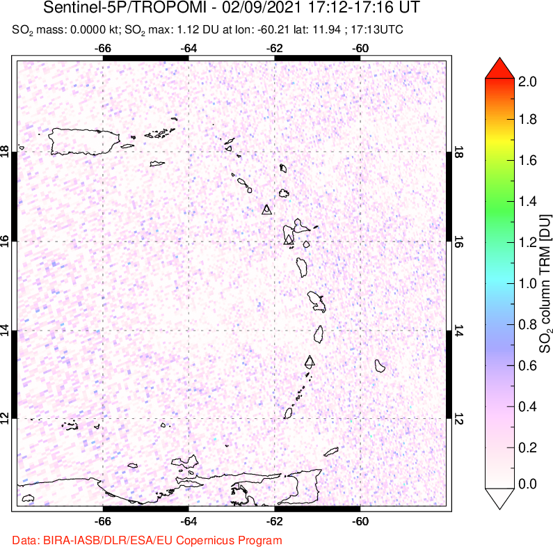 A sulfur dioxide image over Montserrat, West Indies on Feb 09, 2021.
