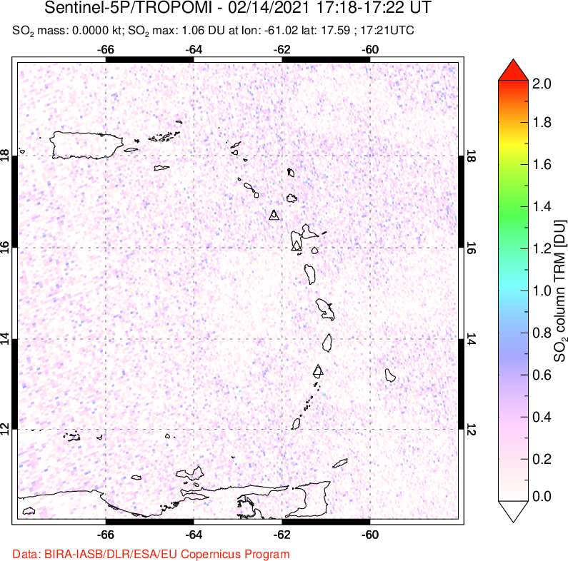 A sulfur dioxide image over Montserrat, West Indies on Feb 14, 2021.