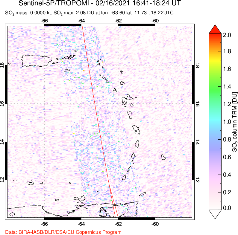 A sulfur dioxide image over Montserrat, West Indies on Feb 16, 2021.