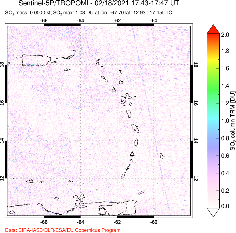 A sulfur dioxide image over Montserrat, West Indies on Feb 18, 2021.