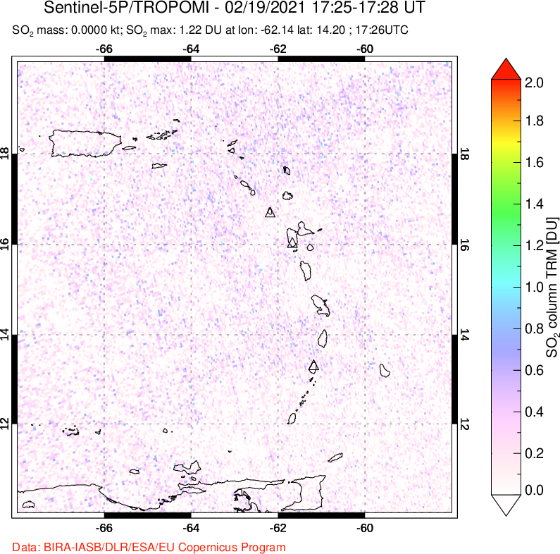 A sulfur dioxide image over Montserrat, West Indies on Feb 19, 2021.