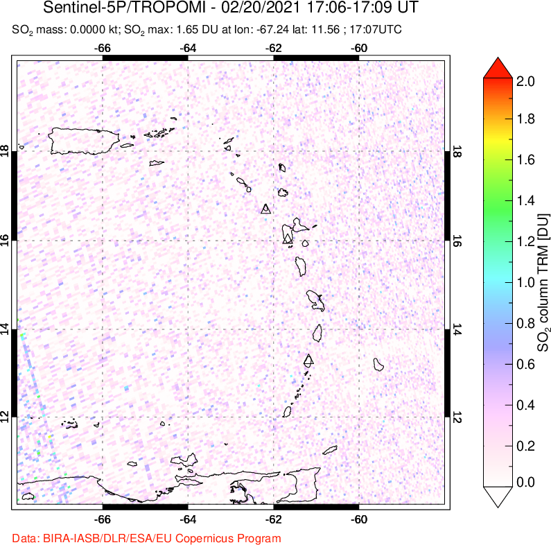 A sulfur dioxide image over Montserrat, West Indies on Feb 20, 2021.