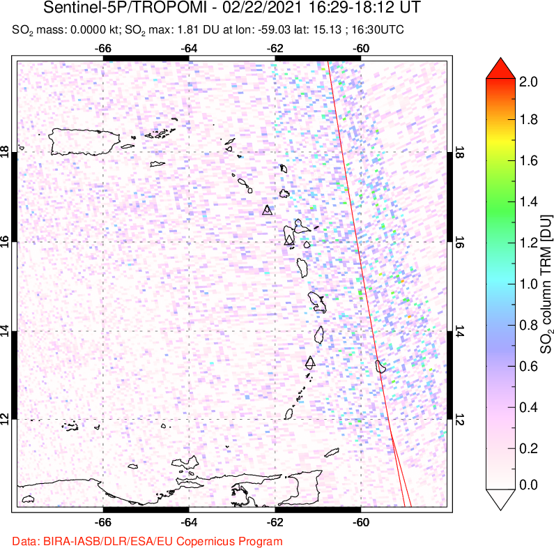 A sulfur dioxide image over Montserrat, West Indies on Feb 22, 2021.