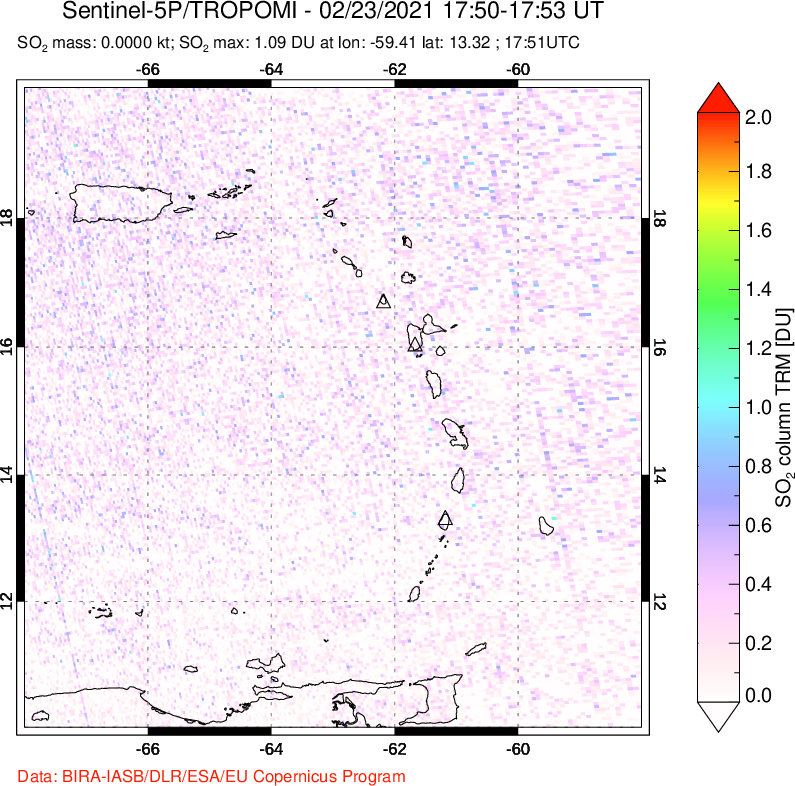 A sulfur dioxide image over Montserrat, West Indies on Feb 23, 2021.