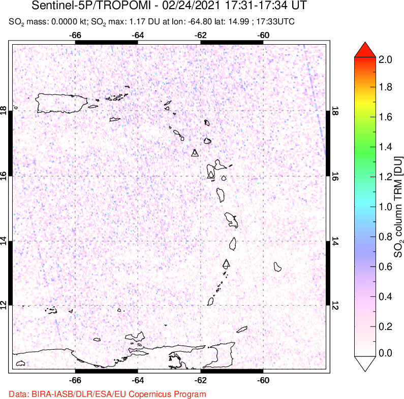 A sulfur dioxide image over Montserrat, West Indies on Feb 24, 2021.