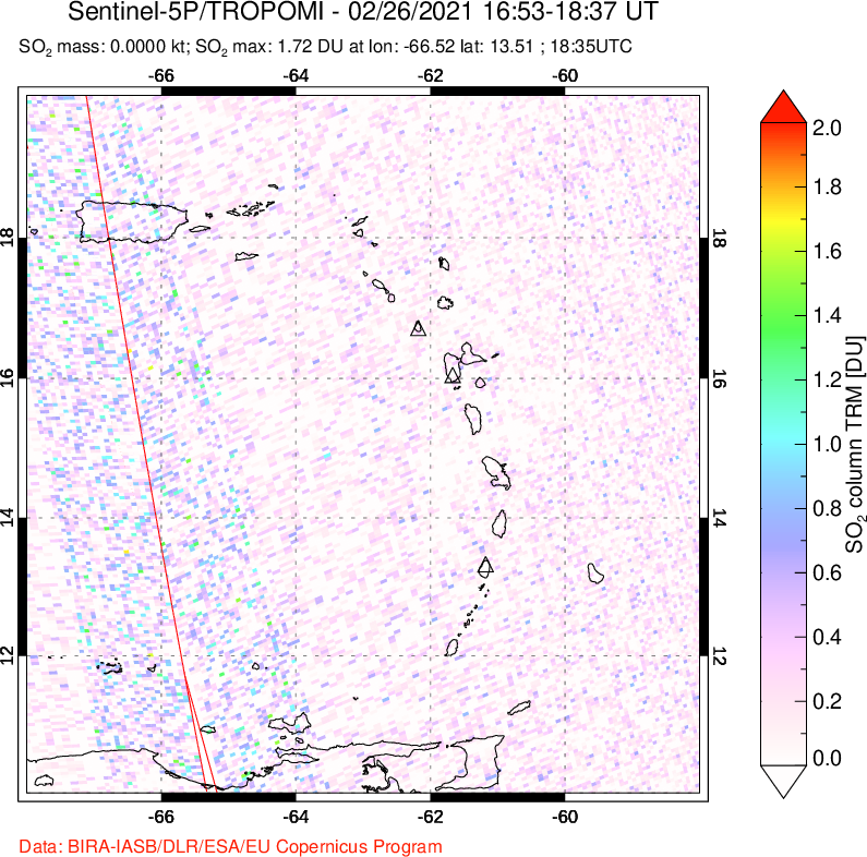 A sulfur dioxide image over Montserrat, West Indies on Feb 26, 2021.