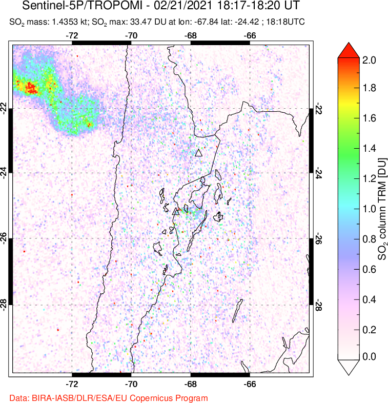 A sulfur dioxide image over Northern Chile on Feb 21, 2021.