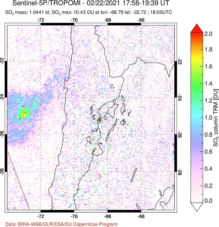 A sulfur dioxide image over Northern Chile on Feb 22, 2021.