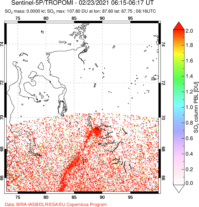 A sulfur dioxide image over Norilsk, Russian Federation on Feb 23, 2021.