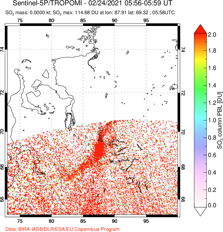 A sulfur dioxide image over Norilsk, Russian Federation on Feb 24, 2021.