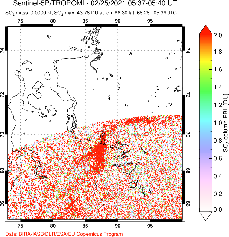 A sulfur dioxide image over Norilsk, Russian Federation on Feb 25, 2021.