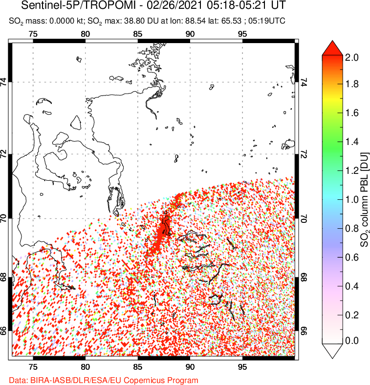 A sulfur dioxide image over Norilsk, Russian Federation on Feb 26, 2021.
