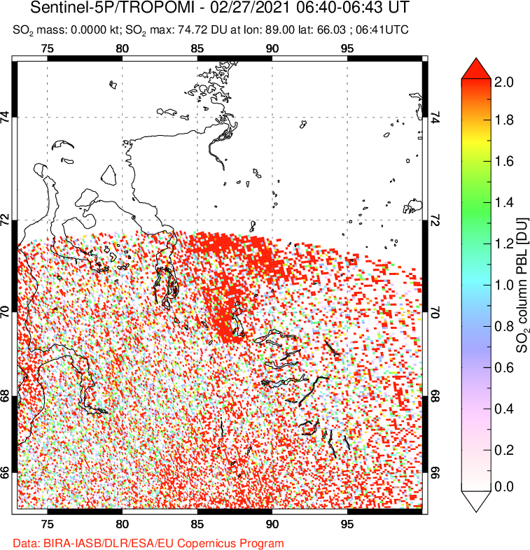 A sulfur dioxide image over Norilsk, Russian Federation on Feb 27, 2021.