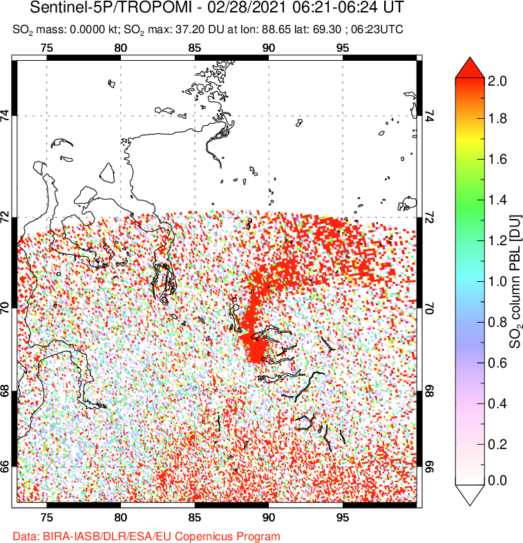 A sulfur dioxide image over Norilsk, Russian Federation on Feb 28, 2021.