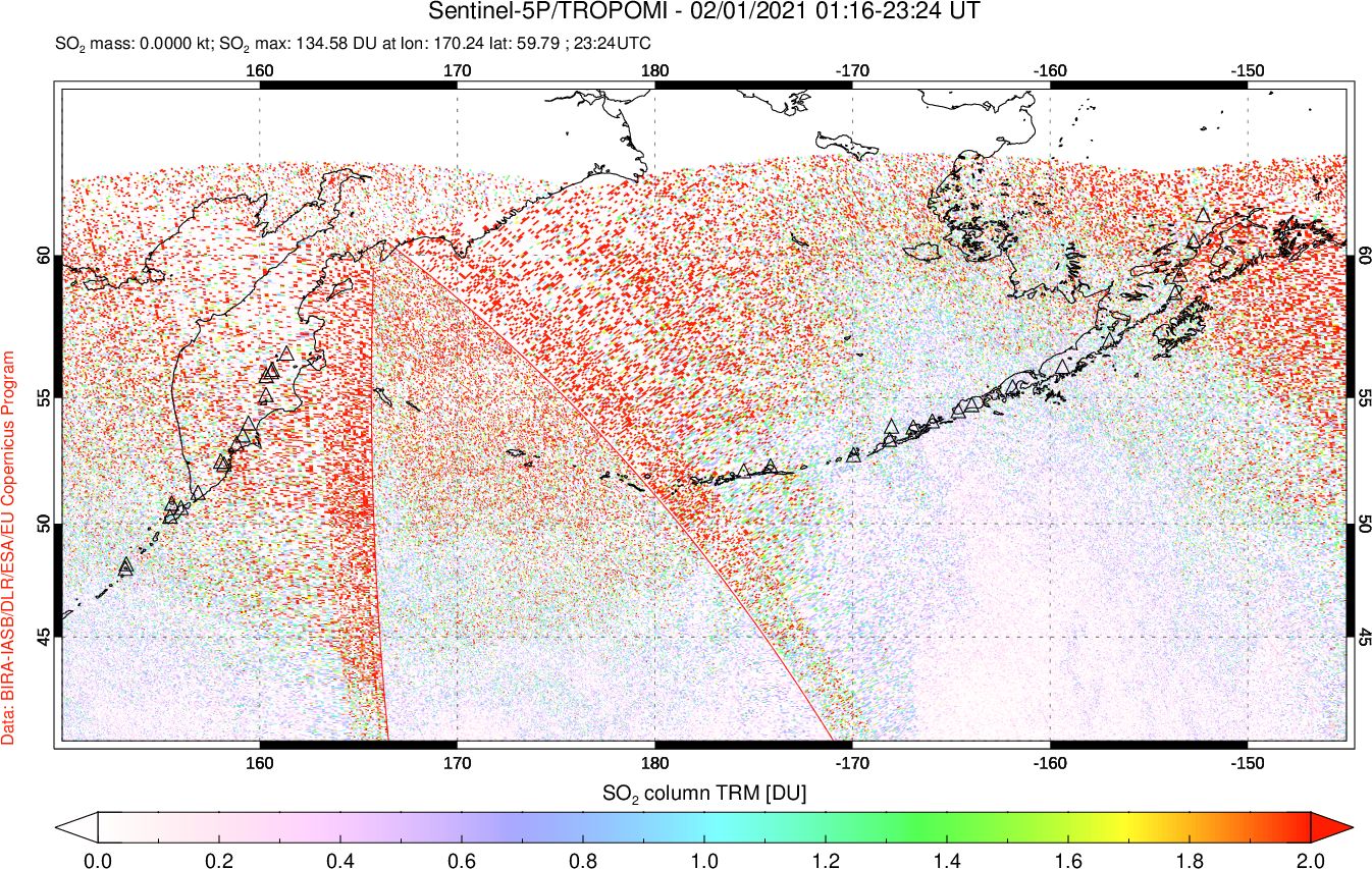 A sulfur dioxide image over North Pacific on Feb 01, 2021.