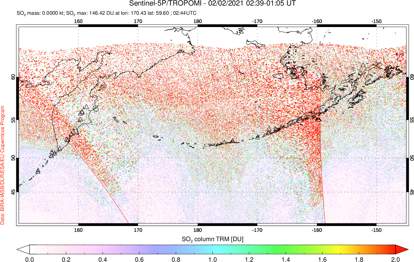 A sulfur dioxide image over North Pacific on Feb 02, 2021.
