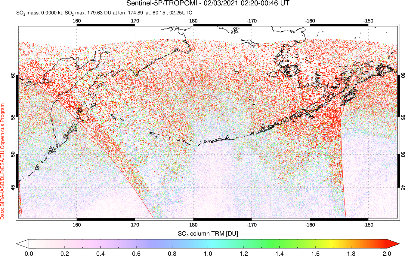A sulfur dioxide image over North Pacific on Feb 03, 2021.