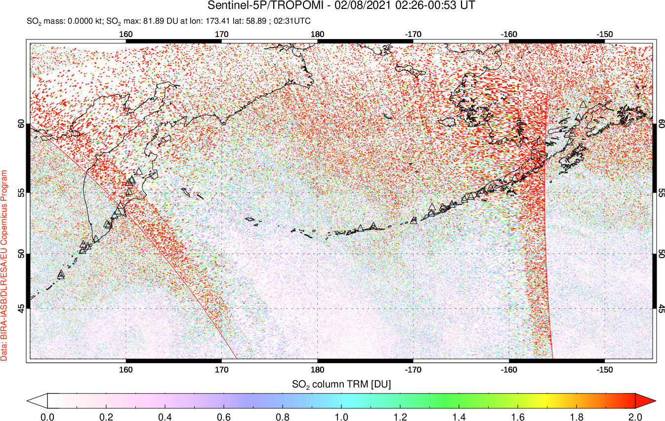 A sulfur dioxide image over North Pacific on Feb 08, 2021.