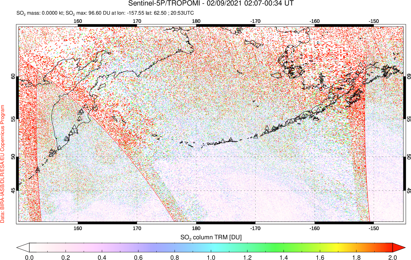 A sulfur dioxide image over North Pacific on Feb 09, 2021.