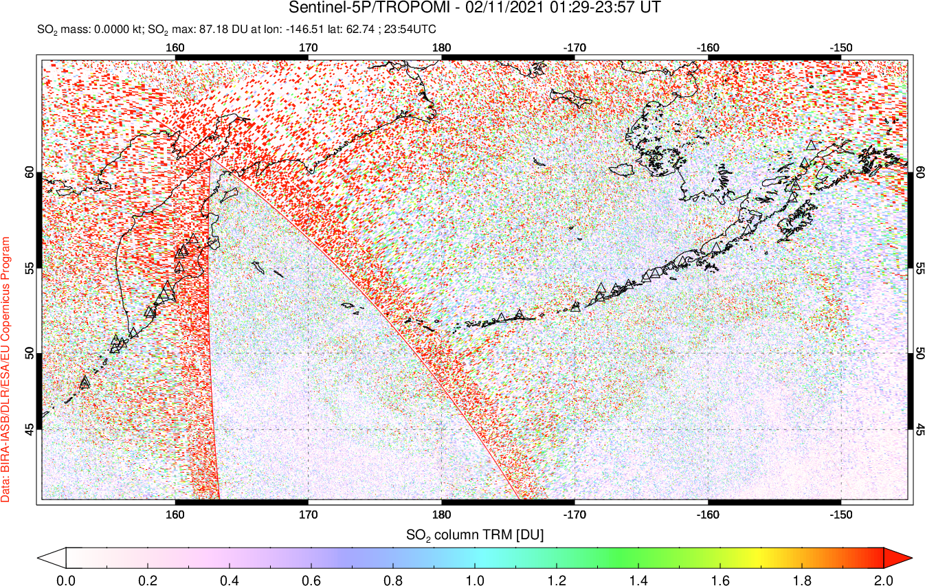 A sulfur dioxide image over North Pacific on Feb 11, 2021.
