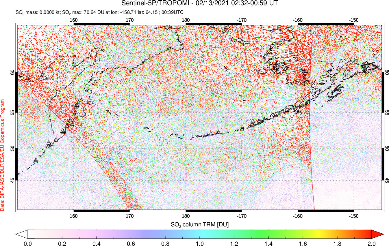 A sulfur dioxide image over North Pacific on Feb 13, 2021.