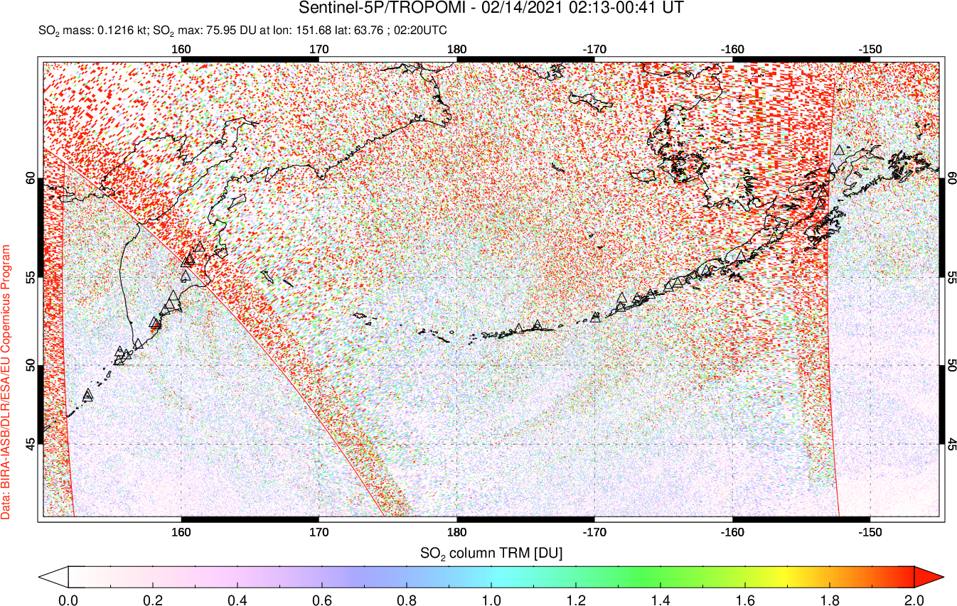 A sulfur dioxide image over North Pacific on Feb 14, 2021.