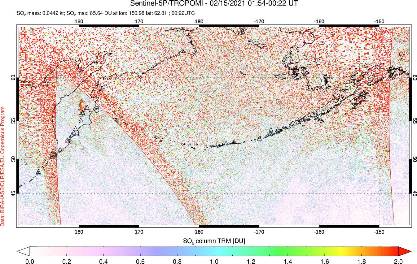 A sulfur dioxide image over North Pacific on Feb 15, 2021.